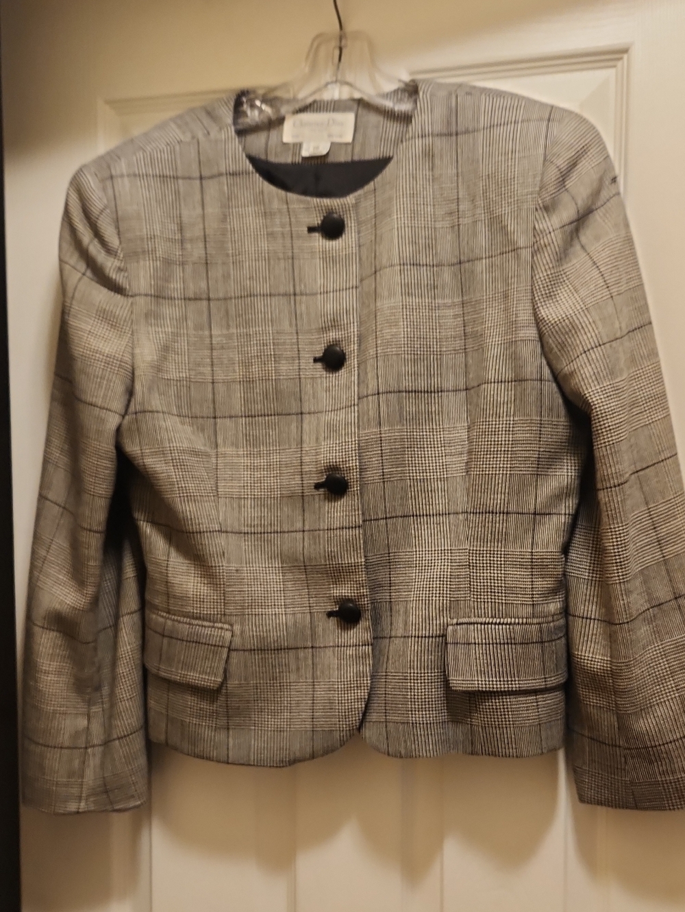 Dior Gray Plaid Collarless Wool Blend Blazer